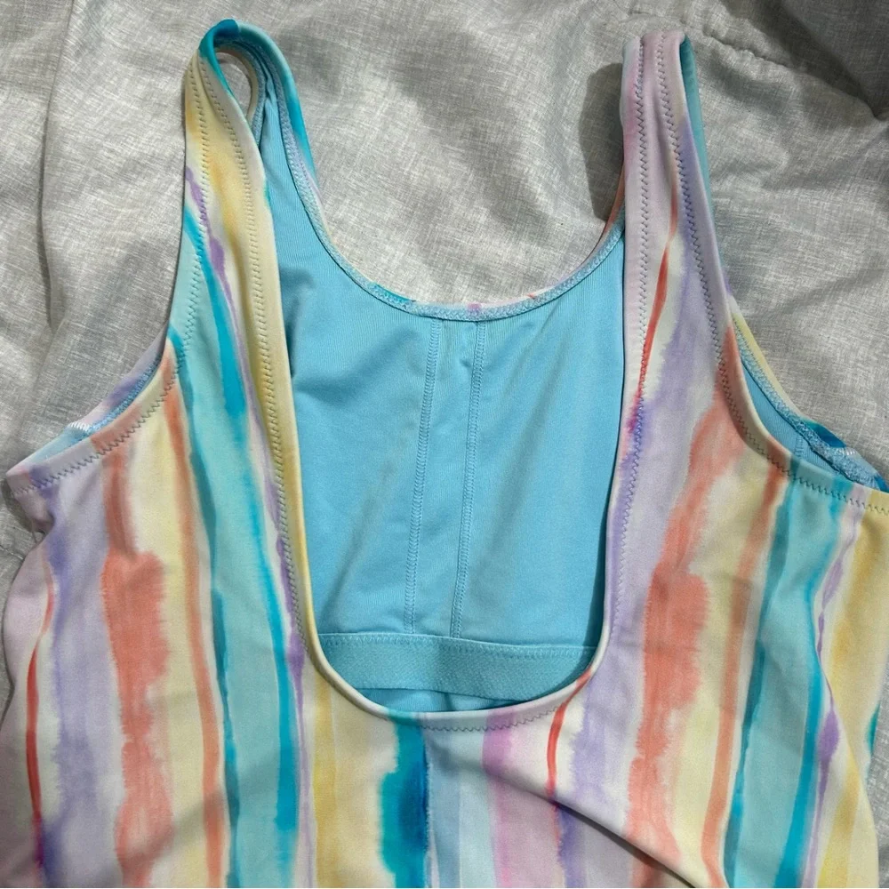 Athleta Girl Scoop One Piece Swimsuit Watercolor Stripe Blue Size Large 12
